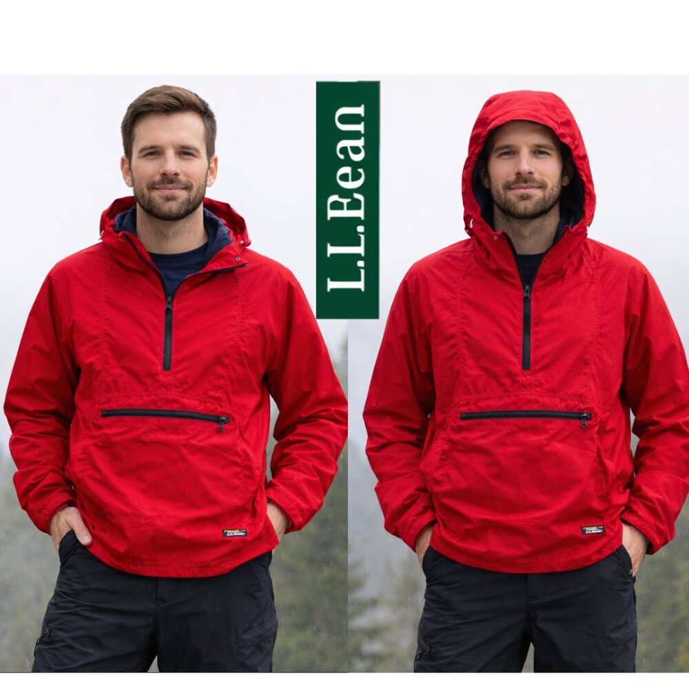 L.L.Bean Vintage 90s Red Anorak Hooded Jacket USA Made L/XL